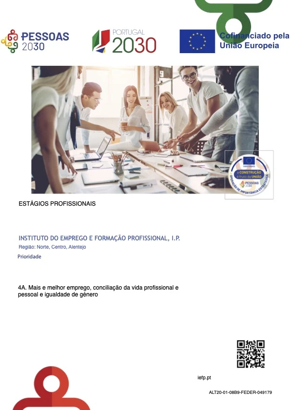Cartaz de divulgação dos Estágios Profissionais cofinanciados pelo Pessoas 2030, Portugal 2030 e União Europeia, IEFP, I.P.